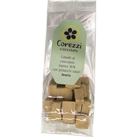 Cioccolato Bianco 36% con Pistacchio di Bronte Salato - Cubotti 100g - Corezzi Cioccolato